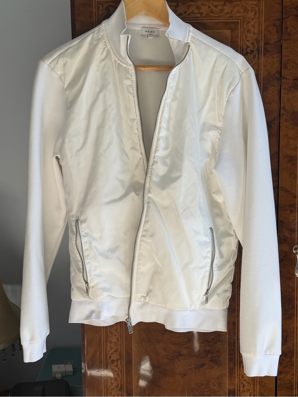 Reiss White Men’s Bomber Jacket with Zip Pockets